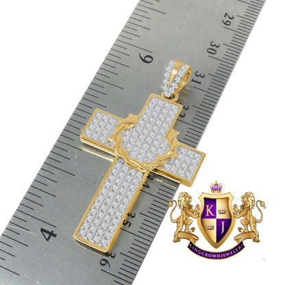 Genuine Sterling Silver Yellow Gold Tone Simulated Diamond Holy Cross Charm Pendent Chain Set  1.90''