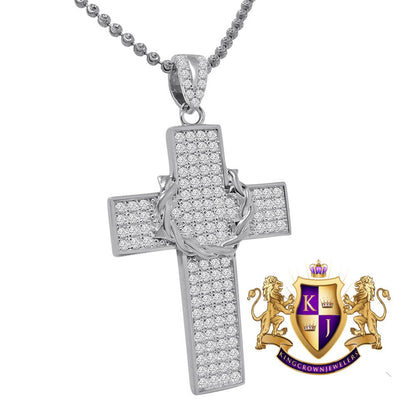 Genuine Sterling Silver White Gold Tone Simulated Diamond Holy Cross Charm Pendent Chain Set  1.90''