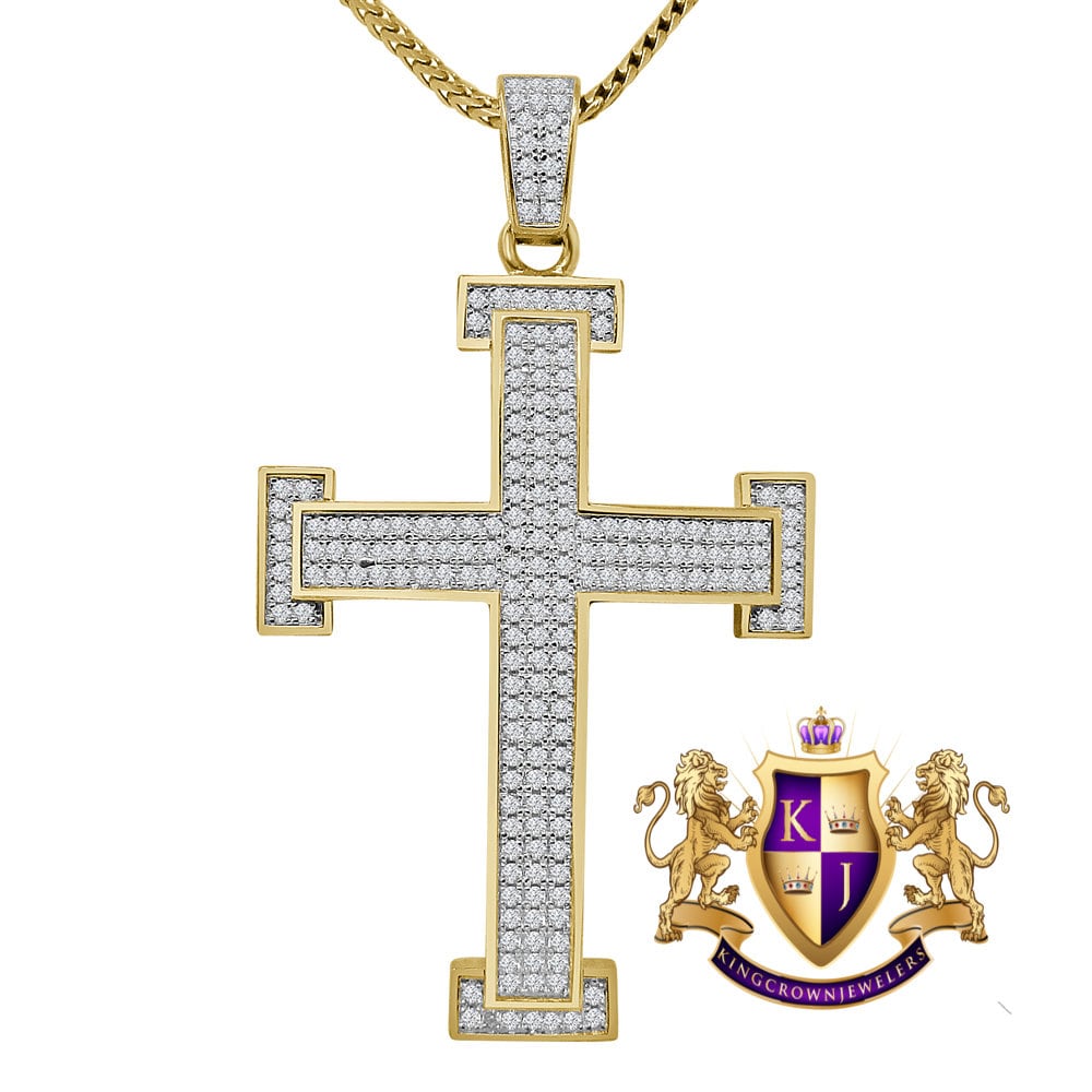 Pure Italian Sterling Silver Gold Finish Simulated Diamond Jesus Cross 3D Pendent Charm Chain Set 2.15''