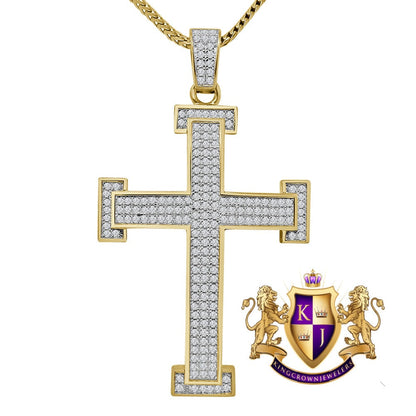 Pure Italian Sterling Silver Gold Finish Simulated Diamond Jesus Cross 3D Pendent Charm Chain Set 2.15''