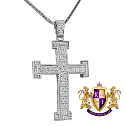 Pure Italian Sterling Silver White Gold Finish Simulated Diamond Jesus Cross 3D Pendent Charm Chain Set 2.15''