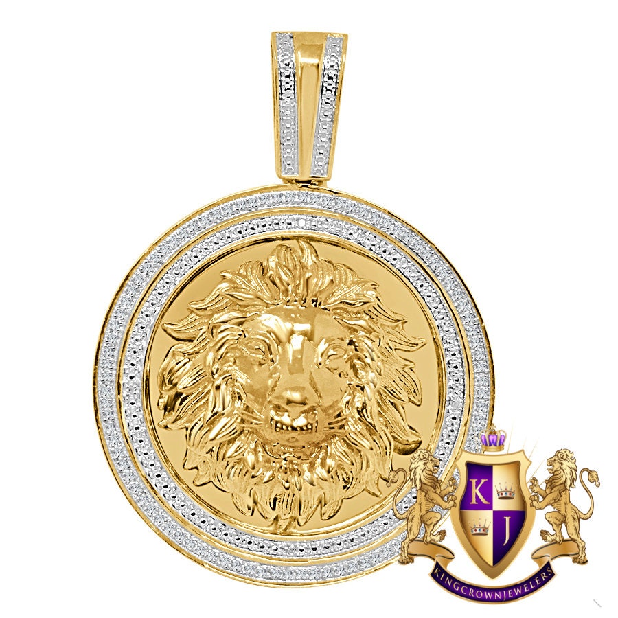 Mens Real Genuine Diamonds Lion Head Medallion Charm 10K Gold Finish Pendant 2.25''