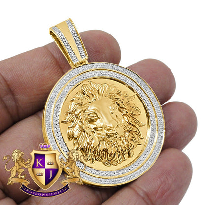 Mens Real Genuine Diamonds Lion Head Medallion Charm 10K Gold Finish Pendant 2.25''