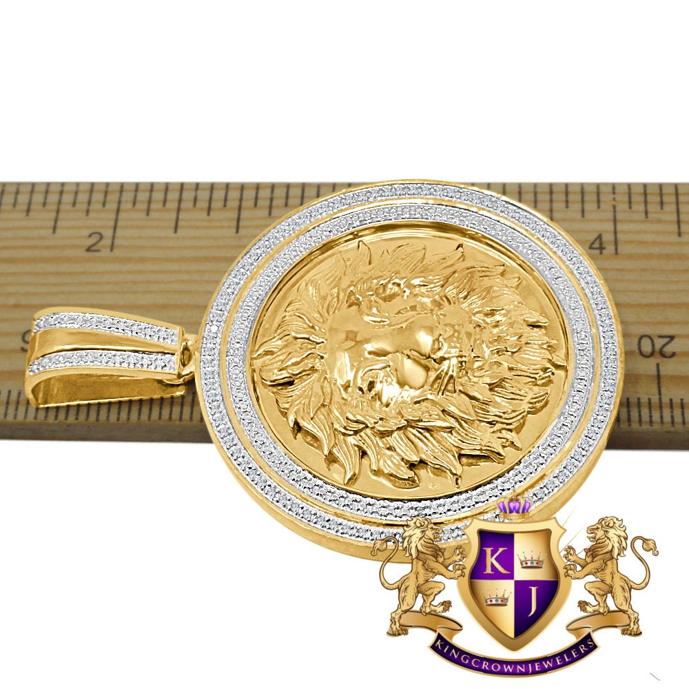 Mens Real Genuine Diamonds Lion Head Medallion Charm 10K Gold Finish Pendant 2.25''