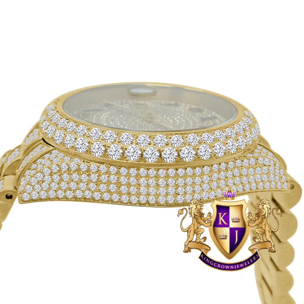 Solid Stainless Steel Arabic Dial 18K Yellow Gold Finish Simulated Diamond Luxury Watch 41mm