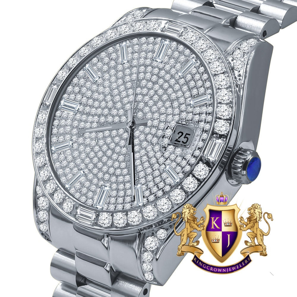 Mens Solid Stainless Steel 18K White Gold Finish White Dial Simulated Diamond 40mm Presidential Watch W/Date Function