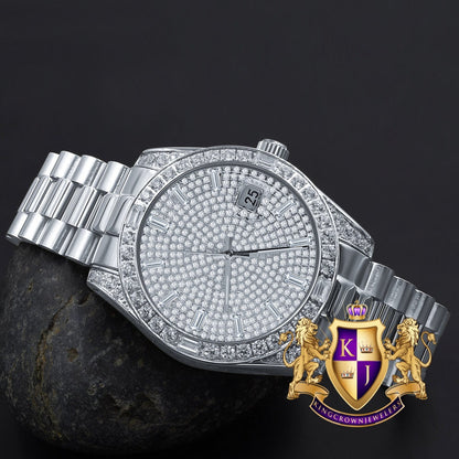 Mens Solid Stainless Steel 18K White Gold Finish White Dial Simulated Diamond 40mm Presidential Watch W/Date Function