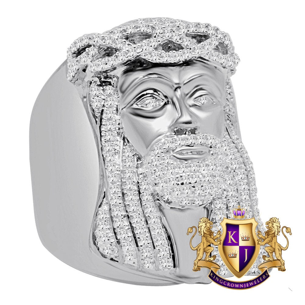 Mens Big Bold Real Genuine White Gold On Sterling Silver Simulated Diamond Jesus Face Ring Band Adjustable Size ( 10 Up To 12 )