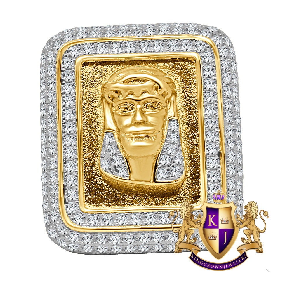 XL Big Pure Italian Yellow Gold Sterling Silver Holy Jesus Face Frame Simulated Diamond Mens Ring Band