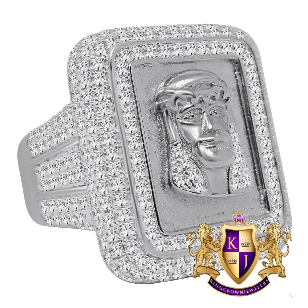XL Big Pure Italian Sterling Silver White Gold Tone Holy Jesus Face Frame Simulated Diamond Mens Ring Band