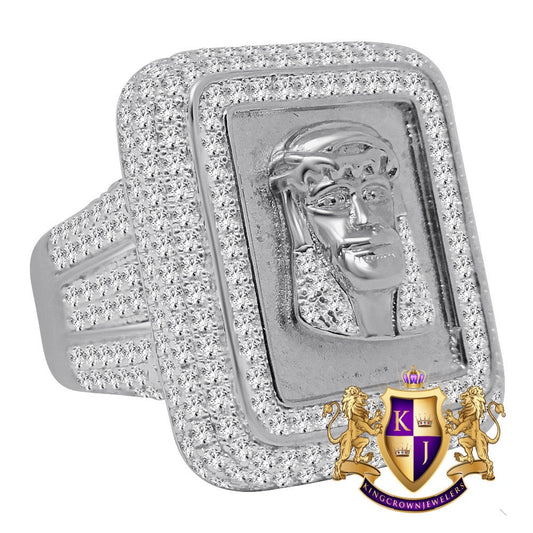 XL Big Pure Italian Sterling Silver White Gold Tone Holy Jesus Face Frame Simulated Diamond Mens Ring Band