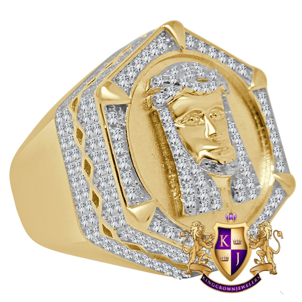 Mens Real Yellow Gold Sterling Silver Holy Jesus Face Simulated Diamond Big Bold Ring Band