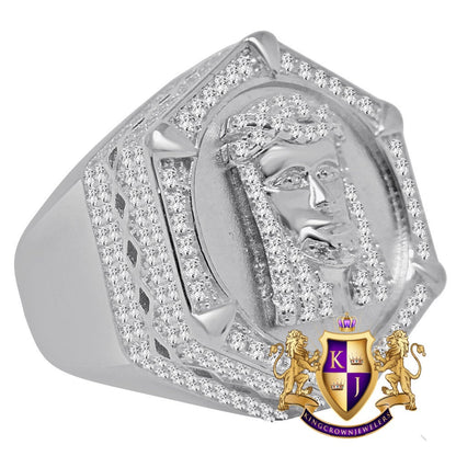 Mens 14K White Gold On Genuine Sterling Silver Holy Jesus Face Simulated Diamond Big Bold Ring Band