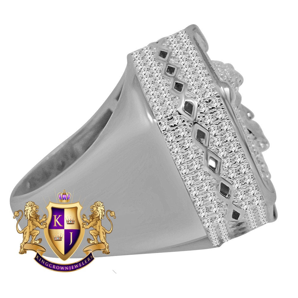 Mens 14K White Gold On Genuine Sterling Silver Holy Jesus Face Simulated Diamond Big Bold Ring Band