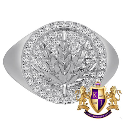 Mens 10K White Gold Over Real Genuine Sterling Silver Weed Marijuana Leaf Plant Ring Band