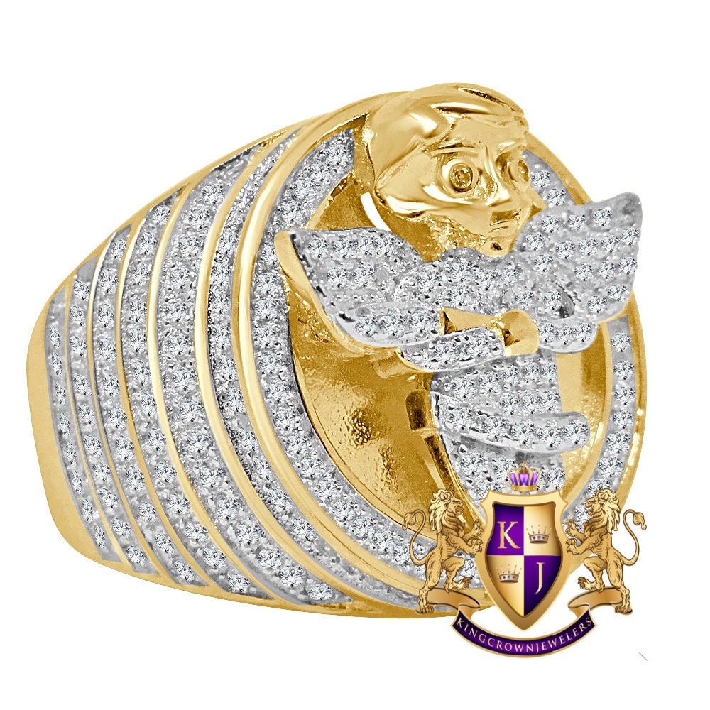 Mens Real Yellow Gold Sterling Silver Simulated Diamond Angel Wings Praying Hand Ring Diamond Band (Adjustable Size )
