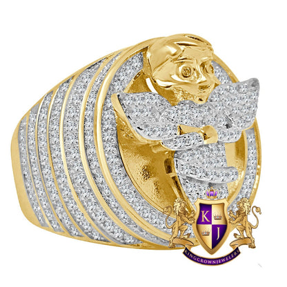 Mens Real Yellow Gold Sterling Silver Simulated Diamond Angel Wings Praying Hand Ring Diamond Band (Adjustable Size )