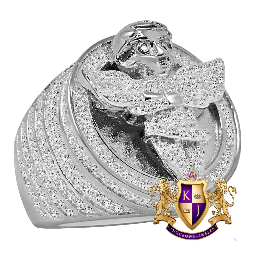 Mens 14K White  Gold On Sterling Silver Simulated Diamond Angel Wings Praying Hand Ring Diamond Band (Adjustable Size )