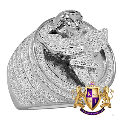 Mens 14K White  Gold On Sterling Silver Simulated Diamond Angel Wings Praying Hand Ring Diamond Band (Adjustable Size )