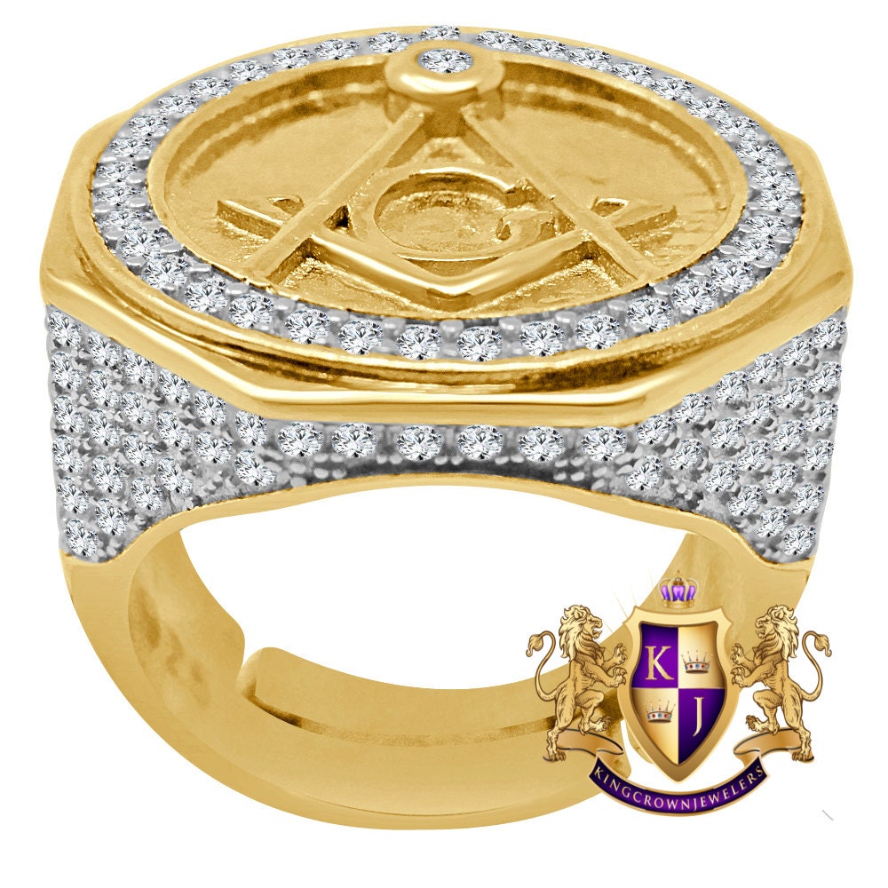 Mens Real Yellow Gold Sterling Silver Simulated Diamond Masonic Free Mason Ring Diamond Band (Adjustable Size )