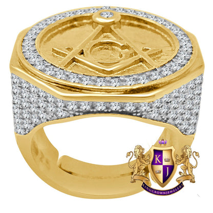 Mens Real Yellow Gold Sterling Silver Simulated Diamond Masonic Free Mason Ring Diamond Band (Adjustable Size )