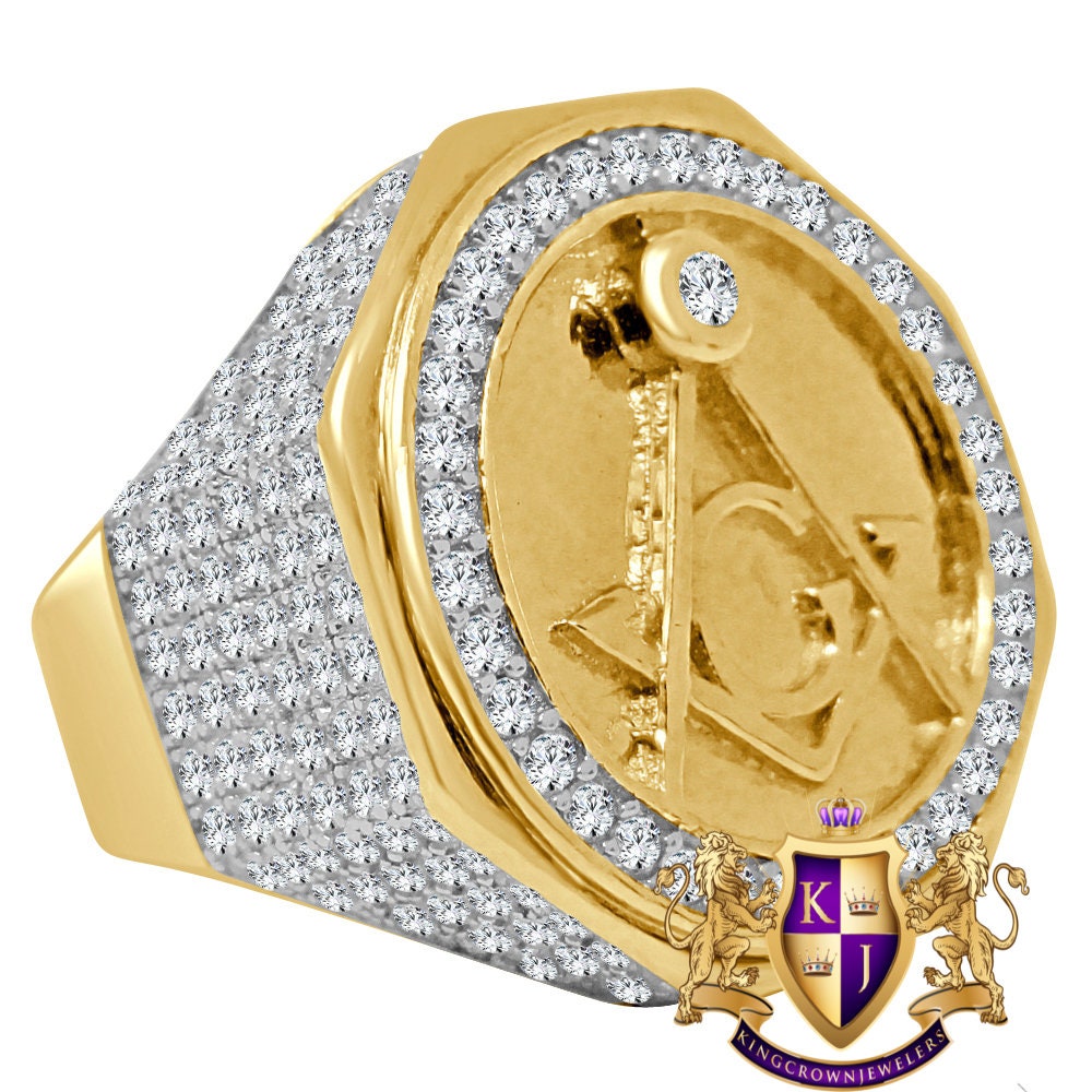 Mens Real Yellow Gold Sterling Silver Simulated Diamond Masonic Free Mason Ring Diamond Band (Adjustable Size )