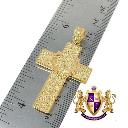 Real Sterling Silver Yellow Gold Tone Canary Simulated Diamond Holy Cross Charm Pendent Chain Set  1.90''