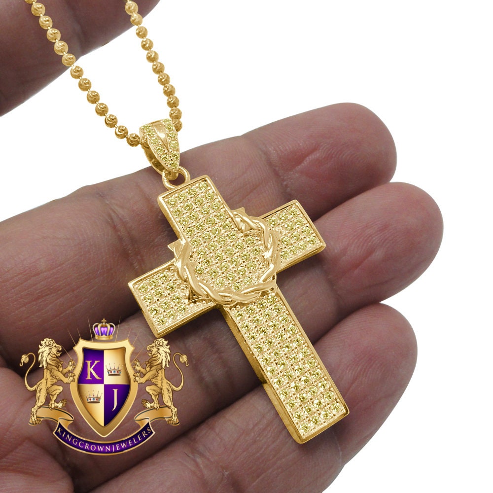 Real Sterling Silver Yellow Gold Tone Canary Simulated Diamond Holy Cross Charm Pendent Chain Set  1.90''