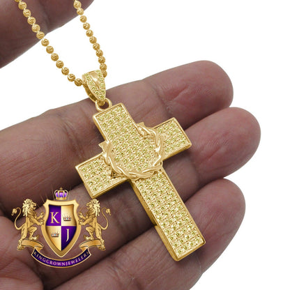 Real Sterling Silver Yellow Gold Tone Canary Simulated Diamond Holy Cross Charm Pendent Chain Set  1.90''