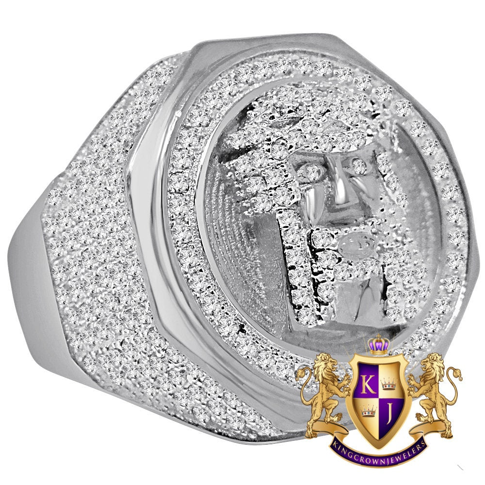 Real White Gold Over Sterling Sterling Silver Holy Jesus Face Simulated Diamond Mens Ring Band