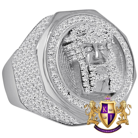 Real White Gold Over Sterling Sterling Silver Holy Jesus Face Simulated Diamond Mens Ring Band