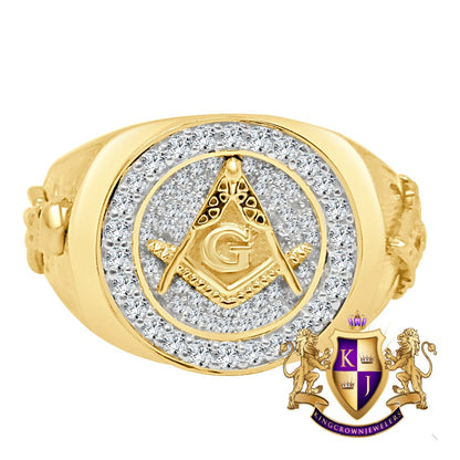 Mens Real Sterling Silver 10K Yellow Gold Tone G Compass Masonic Free Mason Ring Band
