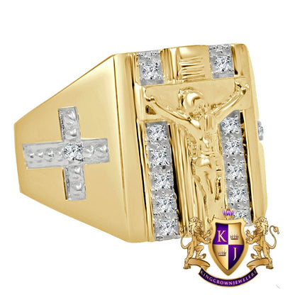 Mens 10K Yellow Gold On Genuine Sterling Silver Simulated Diamond Jesus Crucifix Cross Ring Band