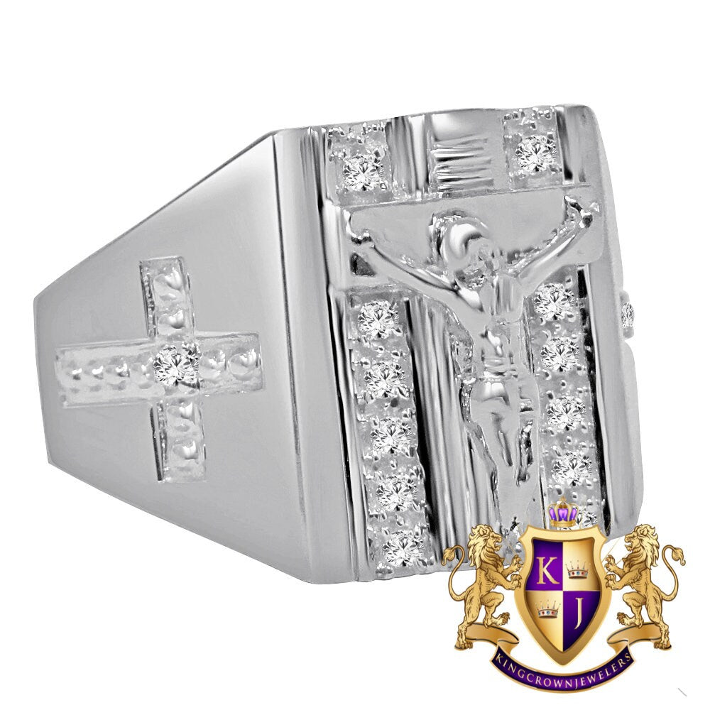 Mens 10K White Gold On Genuine Sterling Silver Simulated Diamond Jesus Crucifix Cross Ring Band
