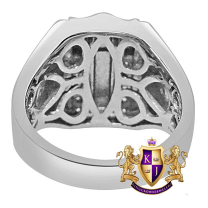 Mens 10K White Gold On Genuine Sterling Silver Simulated Diamond Jesus Crucifix Cross Ring Band