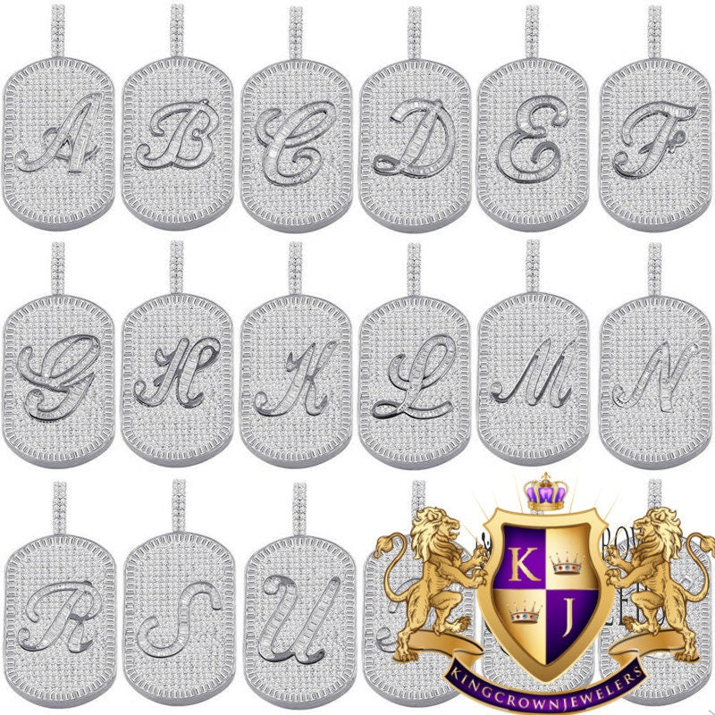 Mens 14K White Gold Finish Baguette/Round Cut Simulated Diamond Initial Letters Alphabet Dog Tag Pendent Charm 2''