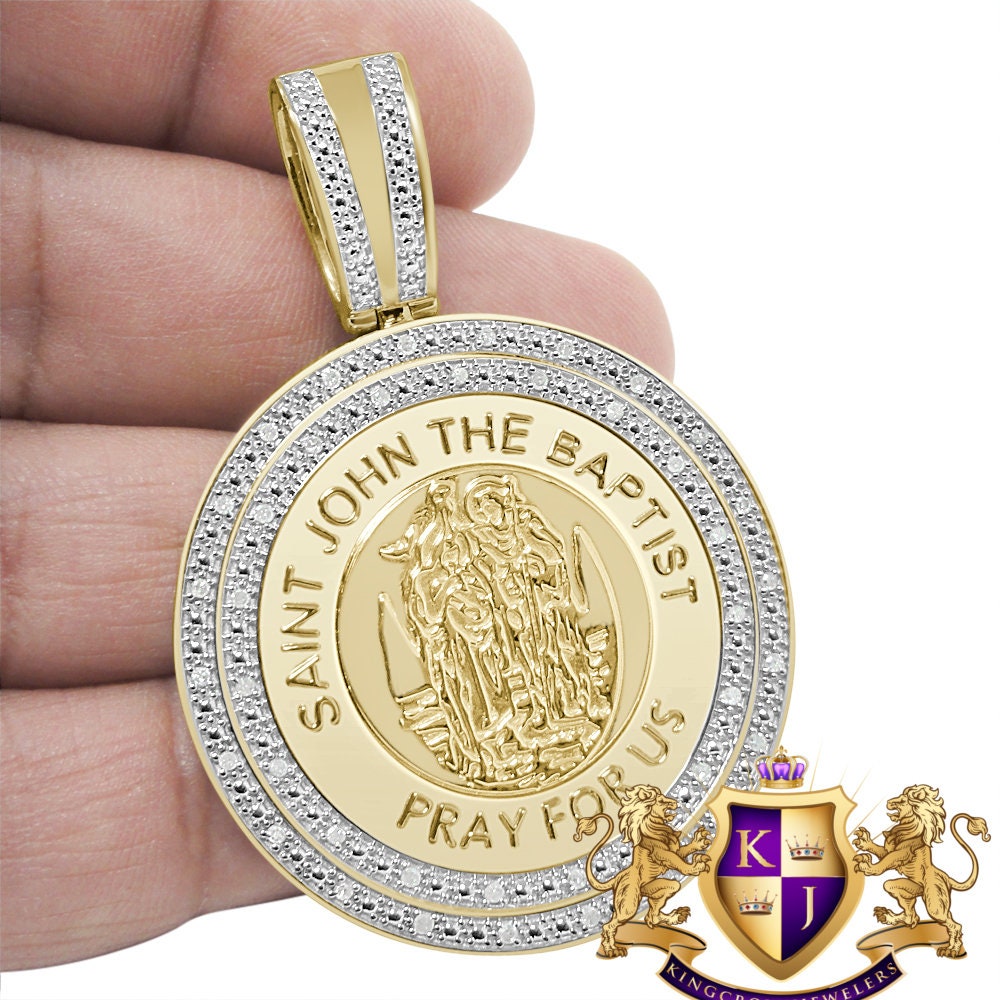 Real Genuine Authentic Diamond 0.40 Cwt. 21 + Grams Saint John The Baptist Charm 10K Gold On Jesus Custom Religious Pendent Medallion 2.55''