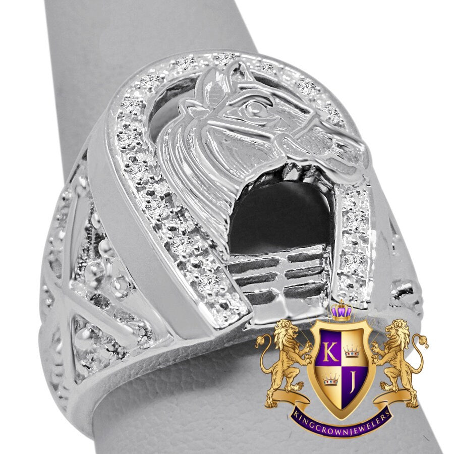 Mens Real Genuine Diamond Good luck Horseshoe Lucky Pinky Ring 10K White Gold Finish (Adjustable 9.5 To 11)