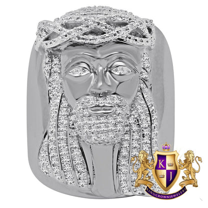 Real Genuine Diamond 1/2 Ctw Big Bold Jesus Face Pinky Ring Band 10K White Gold Finish (Adjustable 11 Up To 13)