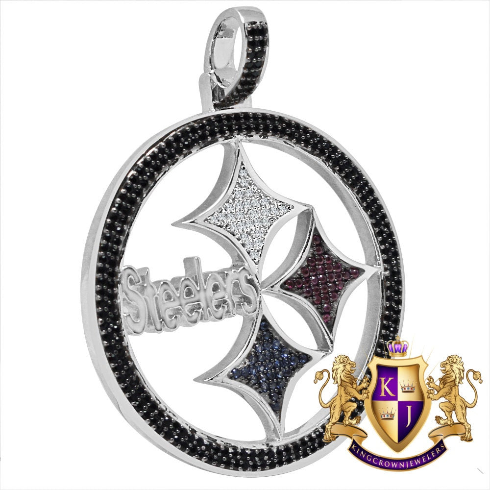 Big 2.5'' 14K White Gold Over Real Sterling Silver Pittsburgh Steelers Simulated Diamond Pendant Charm 25 + Grams