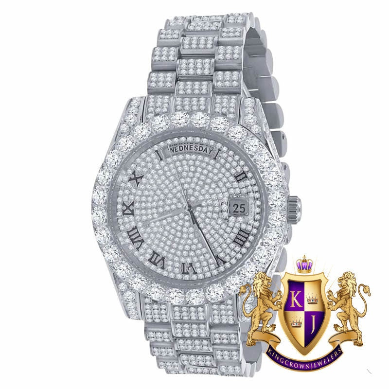 Stainless  Steel Day/Date Roman Face Solitaire Bezel 18K White Gold Finish Full Iced Out Dial & Band Men's Diamond Watch 40mm - Crown