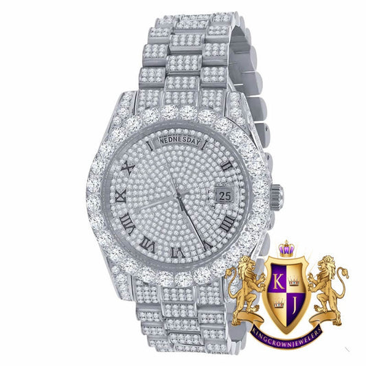 Stainless  Steel Day/Date Roman Face Solitaire Bezel 18K White Gold Finish Full Iced Out Dial & Band Men's Diamond Watch 40mm - Crown