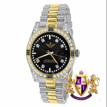 Mens 18k 2 Tone Gold Finish Solid Stainless Steel 40mm Simulated Diamond W/Date Function President Watch