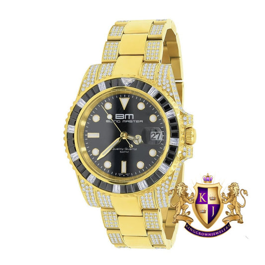 Solid Stainless Steel 18k Yellow Gold Finish Simulated Diamond Mens President Watch W/Date Function