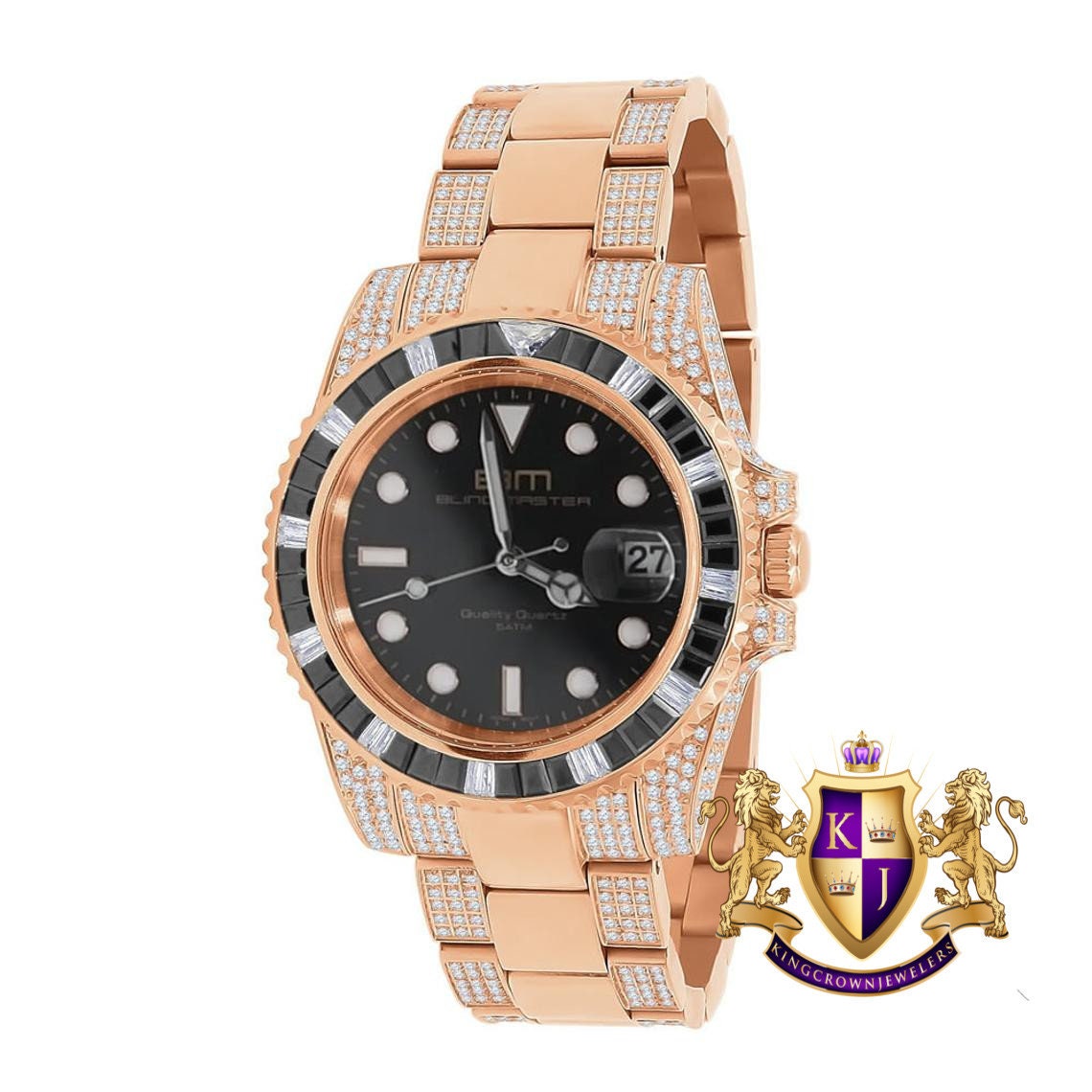 Full Stainless Steel 18k Rose Gold Finish Simulated Diamond Mens President Watch W/Date Function