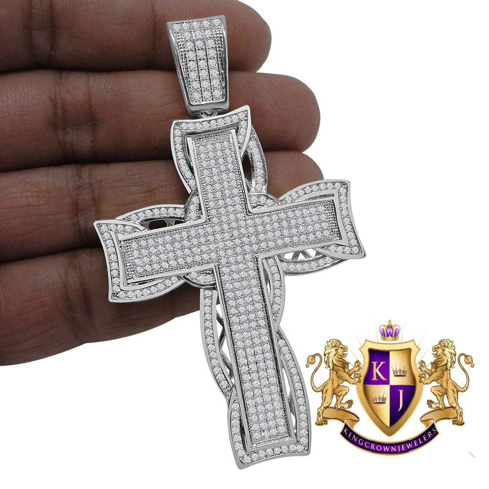 High Quality AAA+ Cubic Zirconia 14K White Gold Finish Holy Jesus Cross Pendent Charm 3.25''