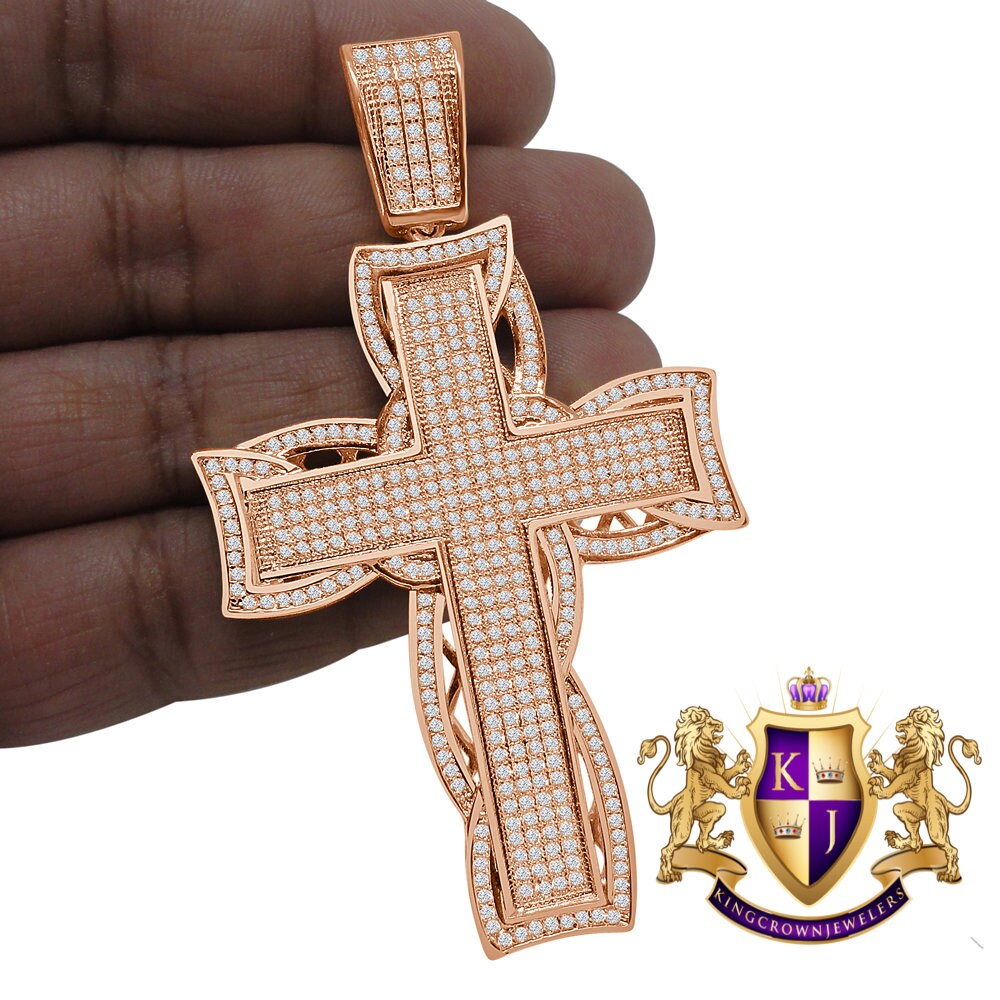 High Quality AAA+ Cubic Zirconia 14K Rose Gold Finish Holy Jesus Cross Pendent Charm 3.25''