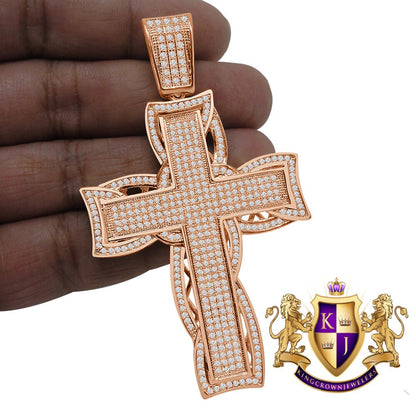 High Quality AAA+ Cubic Zirconia 14K Rose Gold Finish Holy Jesus Cross Pendent Charm 3.25''