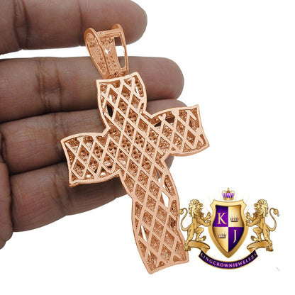 High Quality AAA+ Cubic Zirconia 14K Rose Gold Finish Holy Jesus Cross Pendent Charm 3.25''