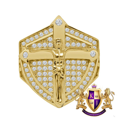 Men's Yellow Gold Tone Genuine Sterling Silver Simulated Diamond Jesus Cross Crucifix Shield Ring Band